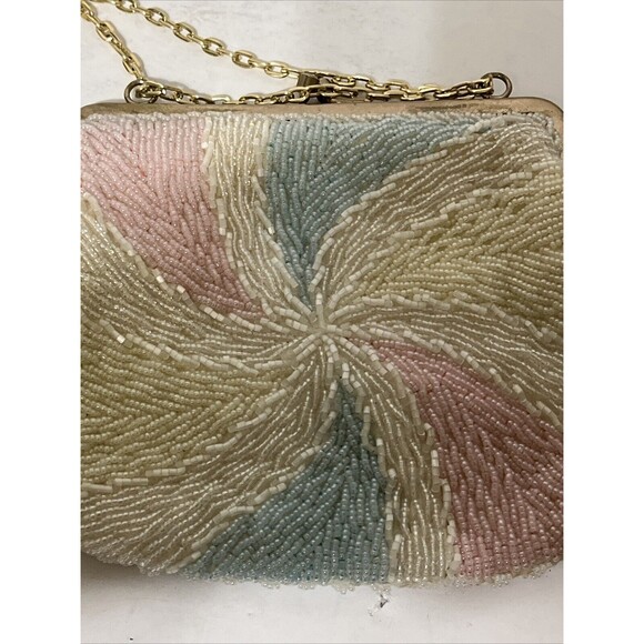 Vintage Pastel Beaded Purse Pinwheel Pattern Pink Blue White Gold Chain - Picture 3 of 4